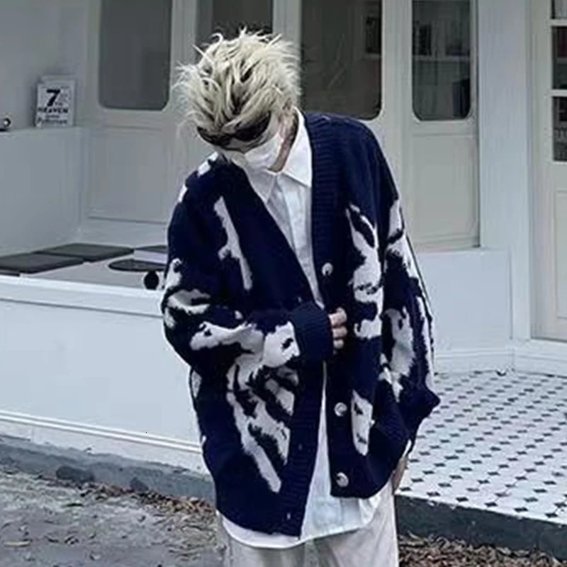 American Vintage Flocking Cardigan Knit Sweater Mens Clothing Loose Oversized Winter Cardigans Coats Y2k HipHop Streetwear 241024