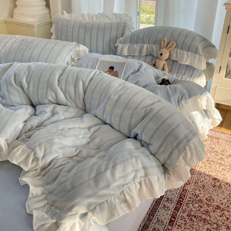 Ins Princess Wind Milk Four Winter Thickened Three Piece Set Double Sided Velvet Duvet Cover Bed Sheet Carving Flower Bedding 4