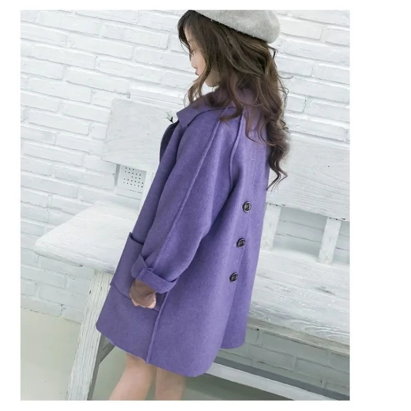 Spring and Autumn Girls Solid Color Fashion Versatile Windproof Warm Polo Collar Woolen Long Coat for 4-10 Years 241028
