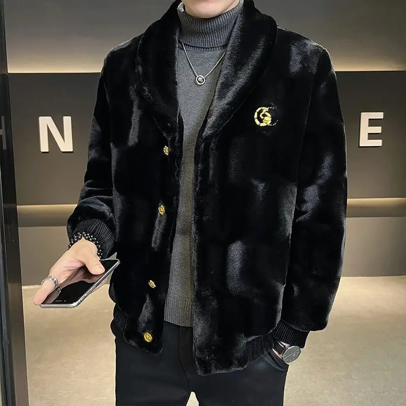 Winter mens high-quality faux fur coat mens mink ultra-thin V-neck fashionable coat casual plus size solid color warm coat 241028