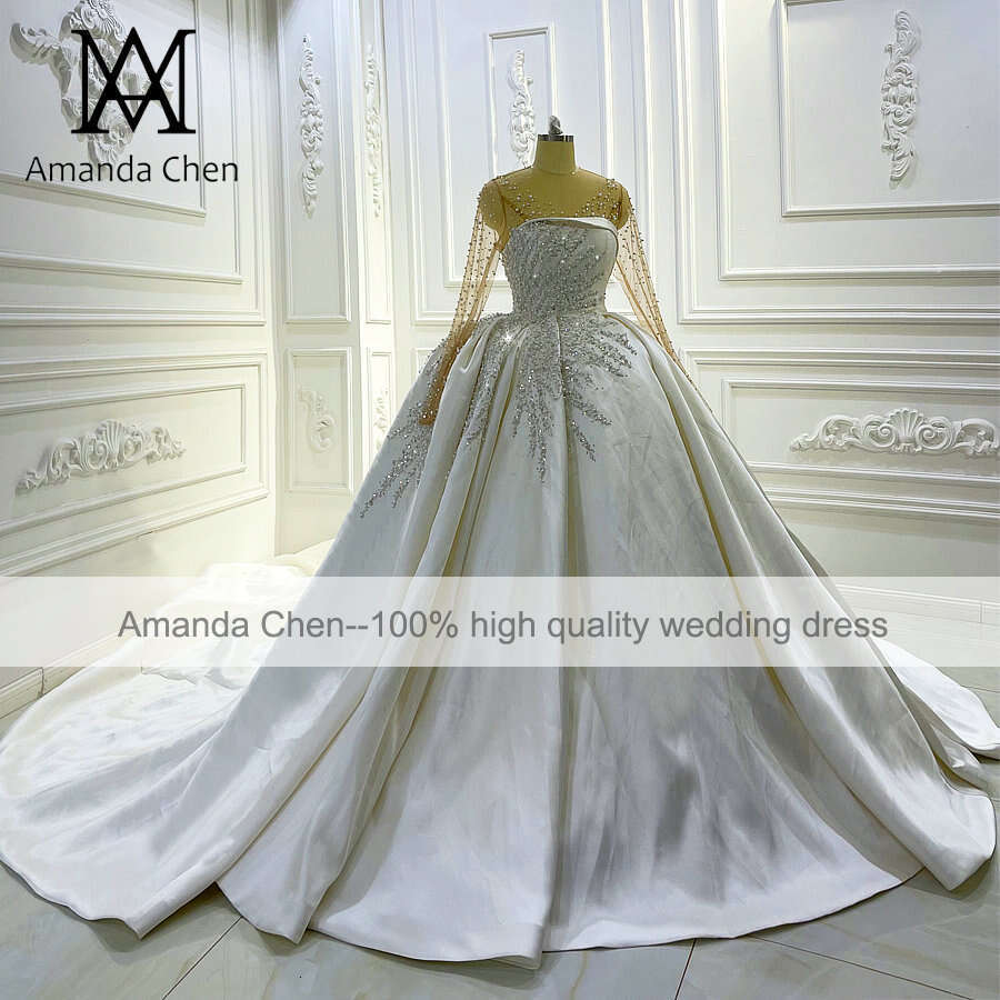 Trouwjurk Full Sleeve Lace Appliques Pearls Satin Ball Gown Wedding Dress 0228Lz