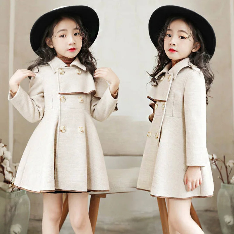 Girls Warm Woolen Coat Winter Thicken Outerwear Girl Woolen Jacket Kids Ruffle Sleeves Long Overcoat Autumn Fashion Girl Jackets 241028