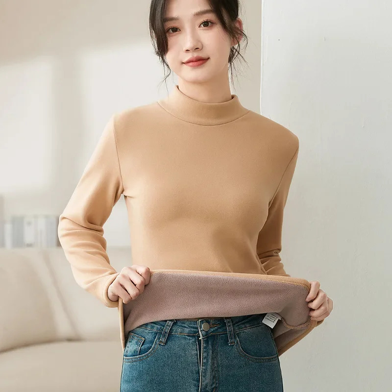 Thick wool top womens mid to high neck ultra soft velvet bottom T-shirt elastic womens jumper puller 241028