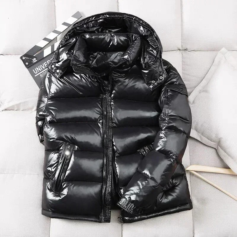 winter mens shiny inflatable jacket hooded casual white duck jacket high-quality mens outdoor windproof and warm jacket 3XL 241029