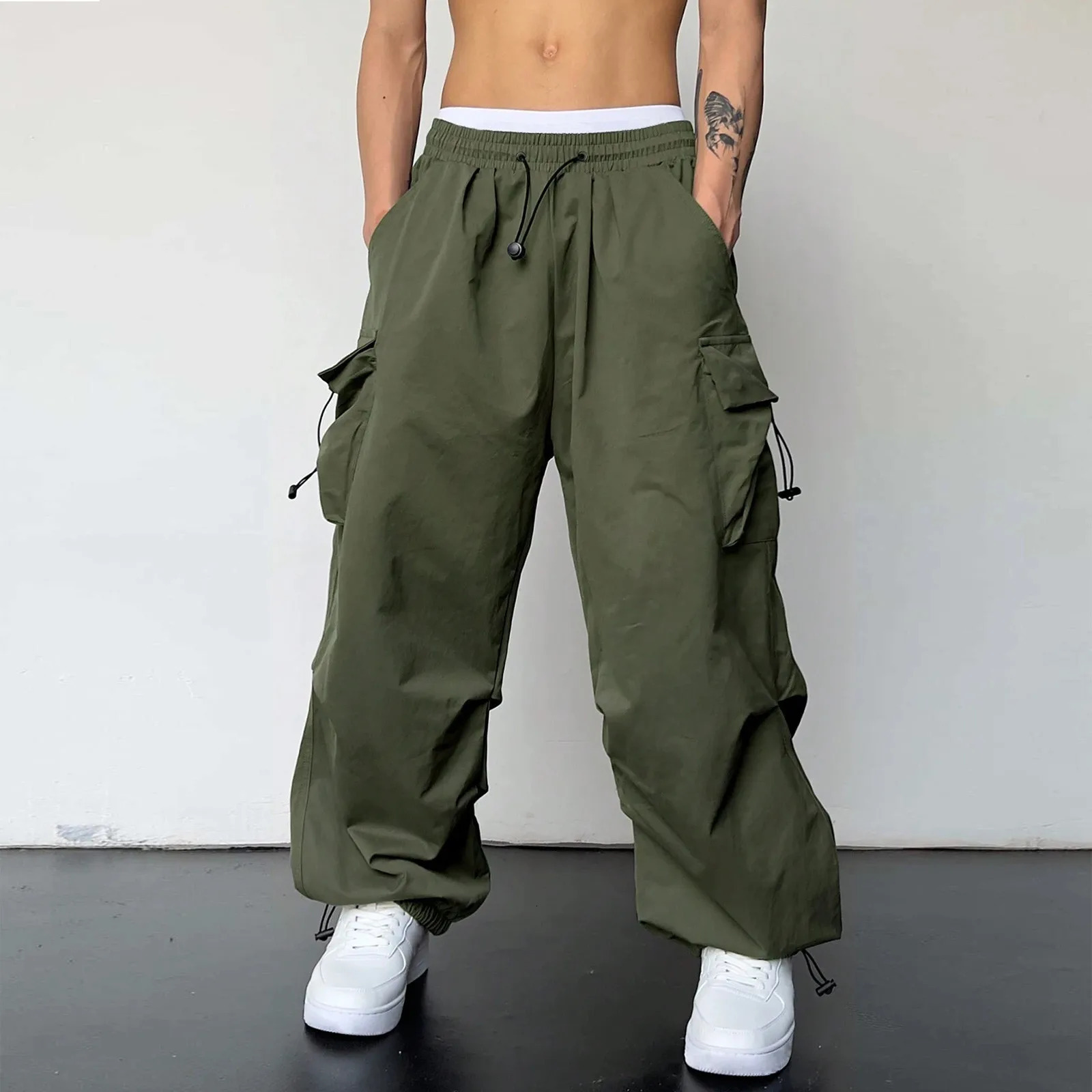 Army Green Mens Baggy Long Pants Casual Streetwear Solid Color Multi Pockets Cargo Pants Full Length Trousers Loose Cargo Pants 241028