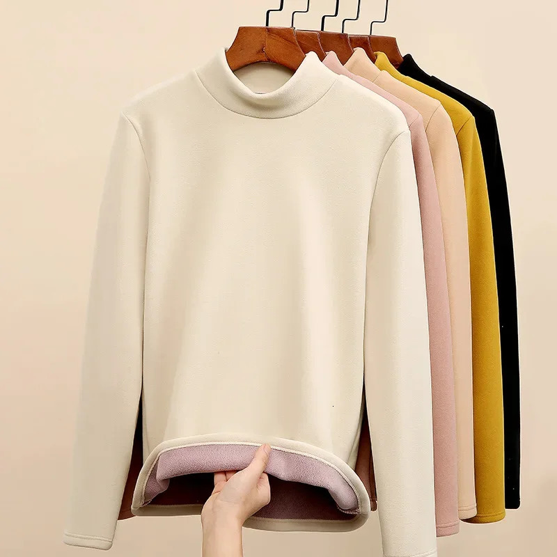 Thick wool top womens mid to high neck ultra soft velvet bottom T-shirt elastic womens jumper puller 241028