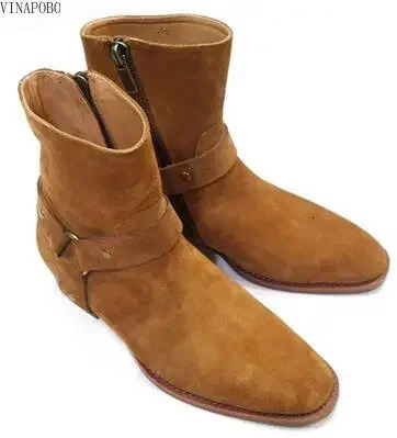 Vintage Men Chelsea Boots Genuine Leather Suede Rome Style Man Ankle Zipper Male Casual Buckle Shoes Sapato Botas 241028