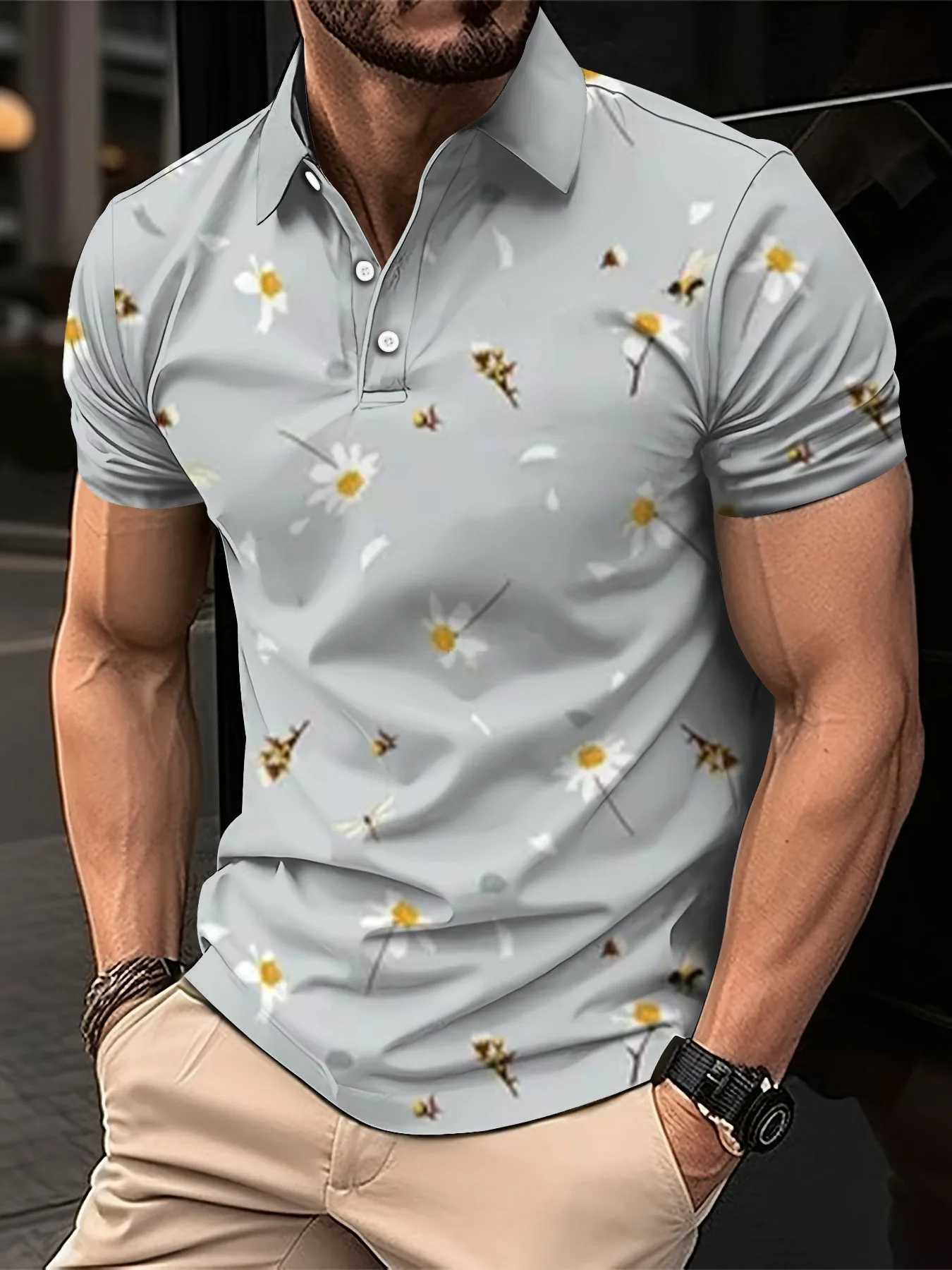 New Mens Polo Shirt Street Casual Short Sleeve Flower Print Buttons Tops Fashion Pullover Oversized Clothing Male Golf WearX241028