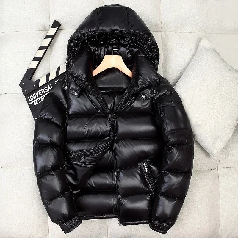 winter mens shiny inflatable jacket hooded casual white duck jacket high-quality mens outdoor windproof and warm jacket 3XL 241029