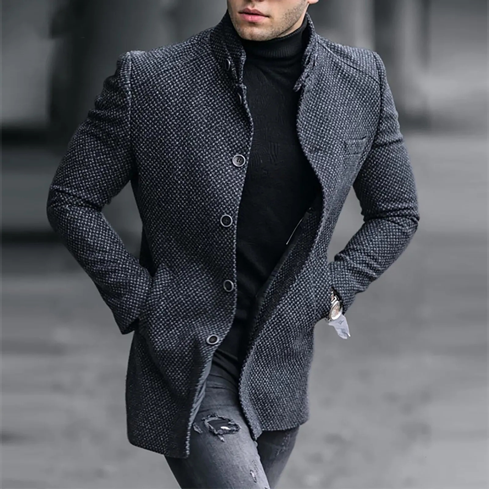 Autumn and winter vintage printed wool coat mens casual single chest lapel long sleeved coat mens fashionable loose pocket mid length jacket 241024