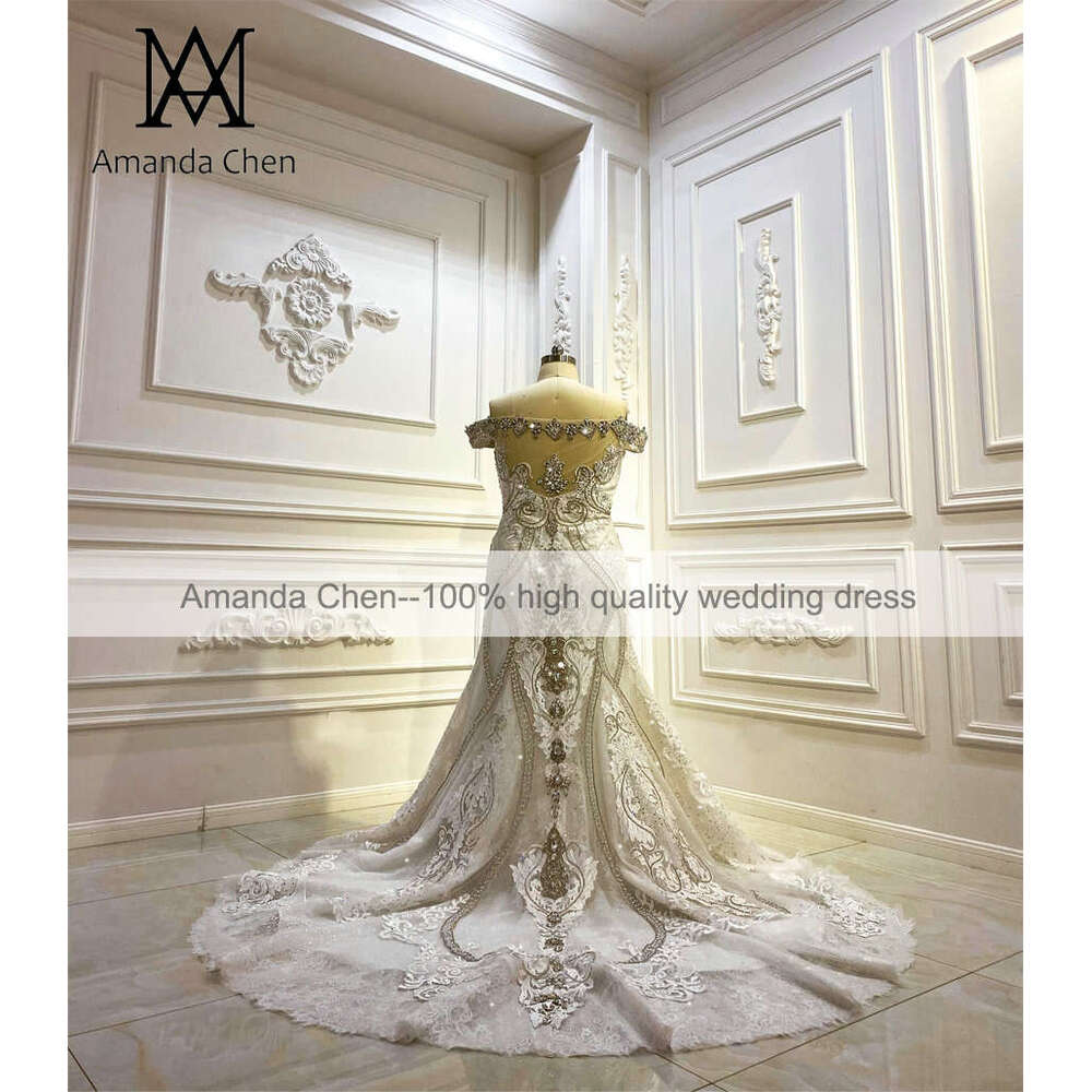 robe mariage femme Off Shoulder Heavy Beading Rhie Removable Train Wedding dress