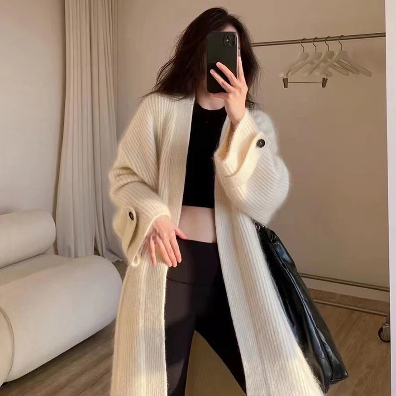 Long Sleeve Knit Sweater Cardigan Loose Long Coat Autumn Winter Women Clothing Casual High Street Vintage Simple Oversize Thick 241028