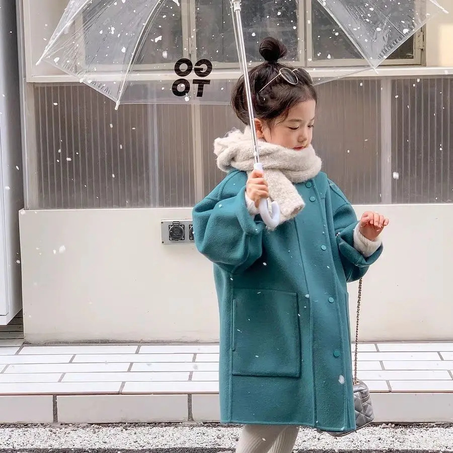 Wool Blends Coat Korean Winter Girls Long Hooded Warm Jacket Childrens Clothing Fashion Thicken Overcoat Kids Outerwear S65 241028