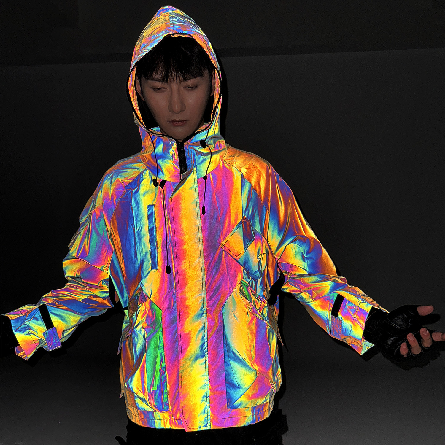 Men's Jackets Multi pocket functional style colorful reflective jacket, European and American autumn and winter new style hooded jacket, men'