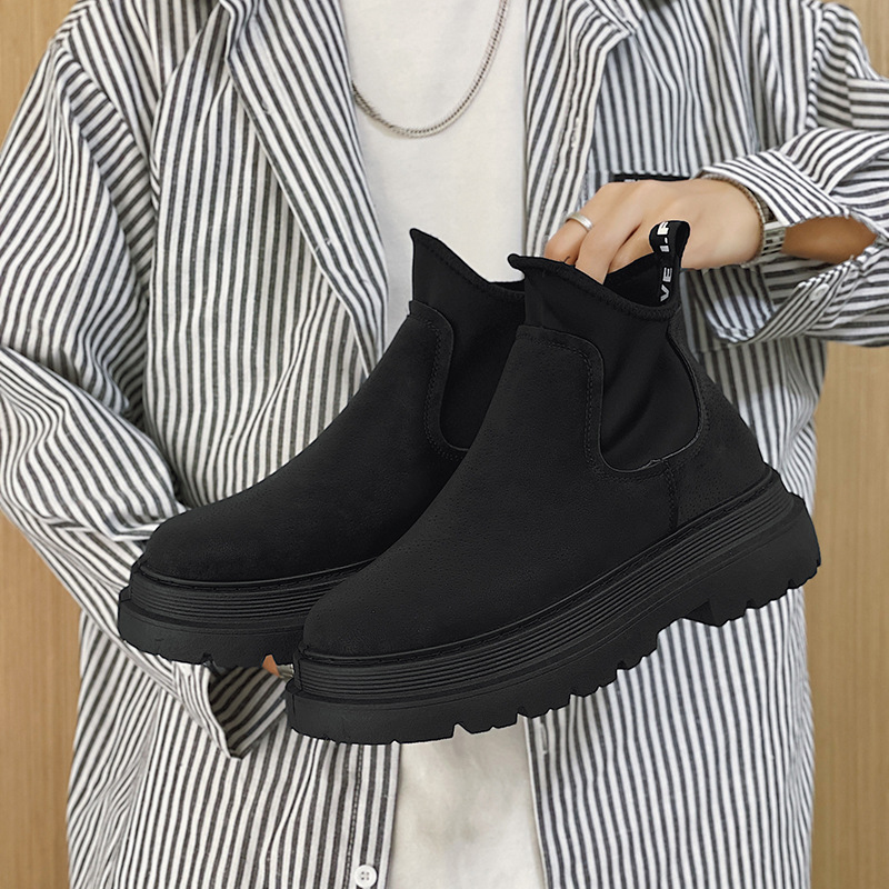 2024 New Men's Shoes Martin Boots Black Leather High Top Trendy Motorcycle Boots