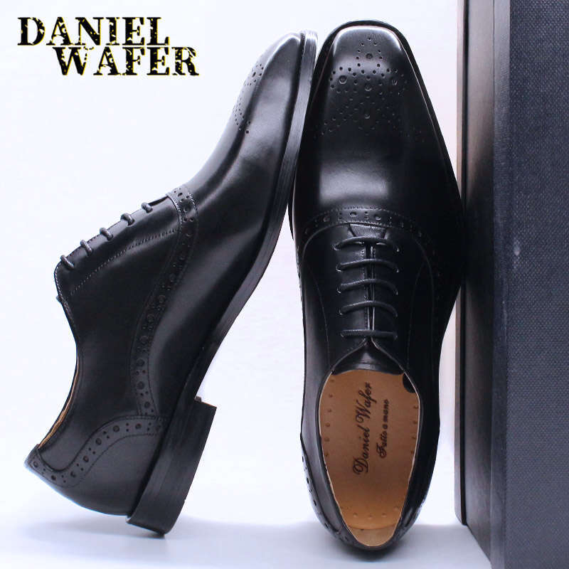 Mens Oxford Genuine Leather Black Brown Classic Brogue Lace Up Dress Wedding Office Business Men Formal Shoes