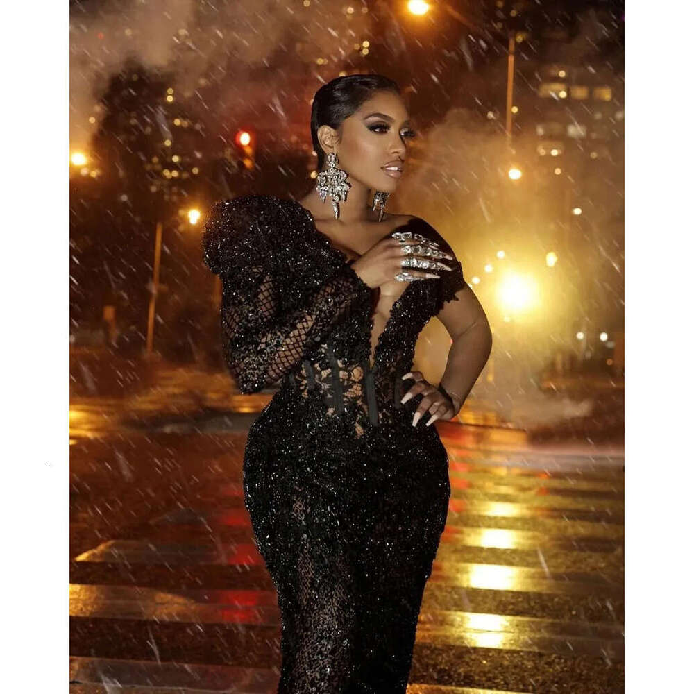Black Sparkle Evening Dresses TV Star Porsha Williams Beaded One Shoulder Sleeve Lace Corset Sexy Engagement Dress Illusion Mermaid Prom Party Gowns C