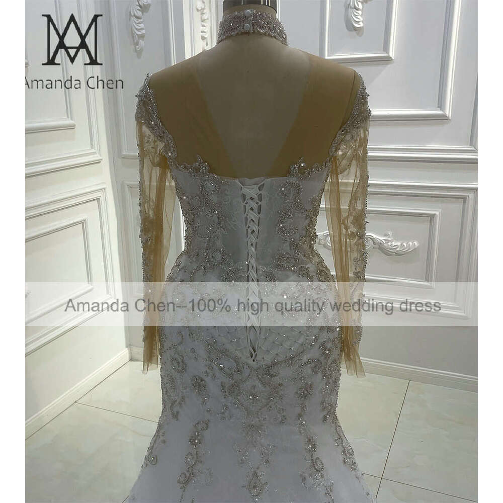 High Neck Lace Appliques Full Sleeves Wedding Dress