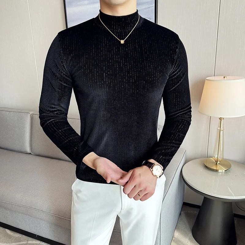 Mens high neck knitted sweater high-quality autumn and winter Korean velvet mens T-shirt slim fit casual striped T-shirt 241028