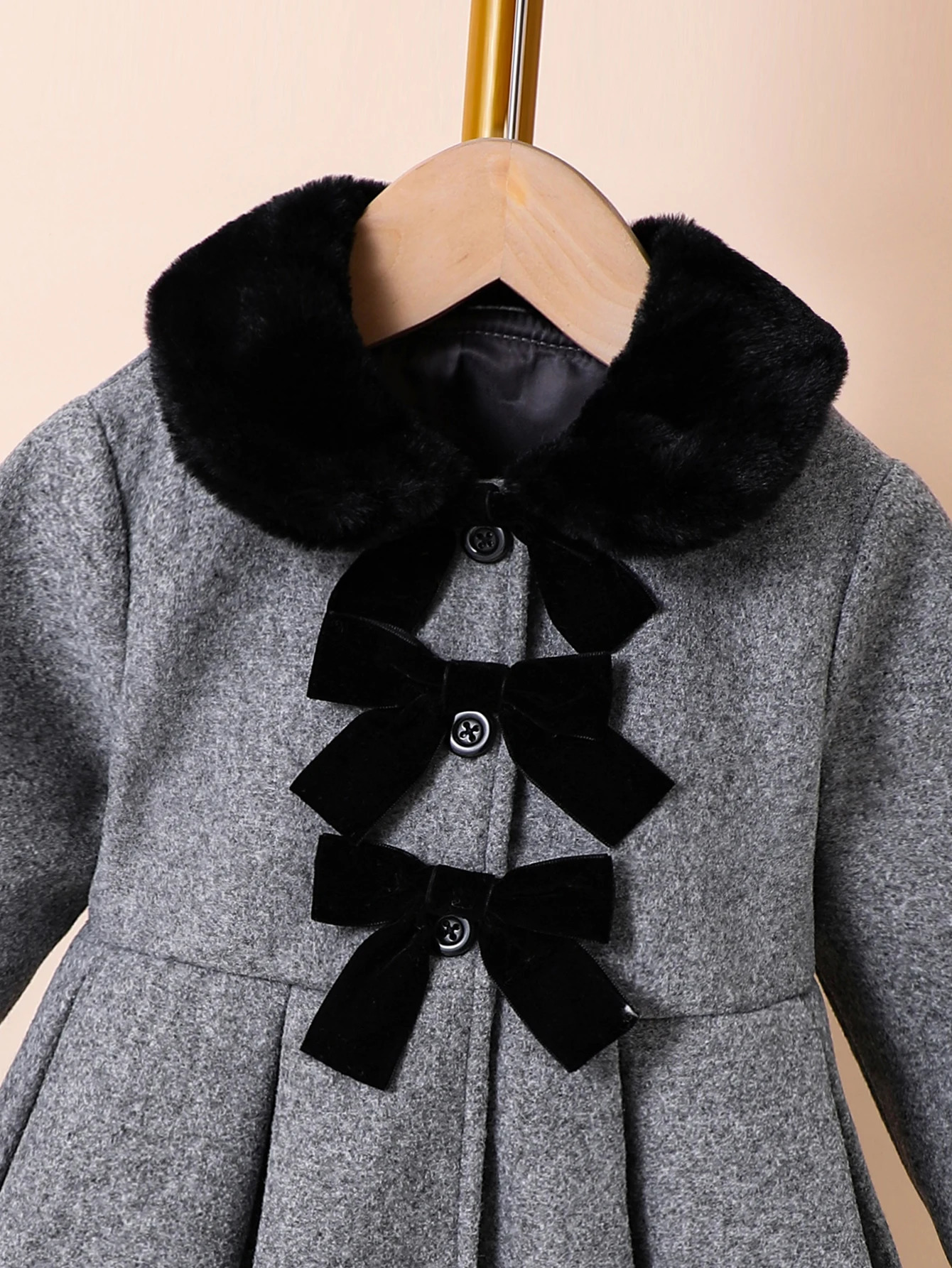 Girls autumn and winter fashionable British style coat with fur collar bow tie woolen coat and hat 241028