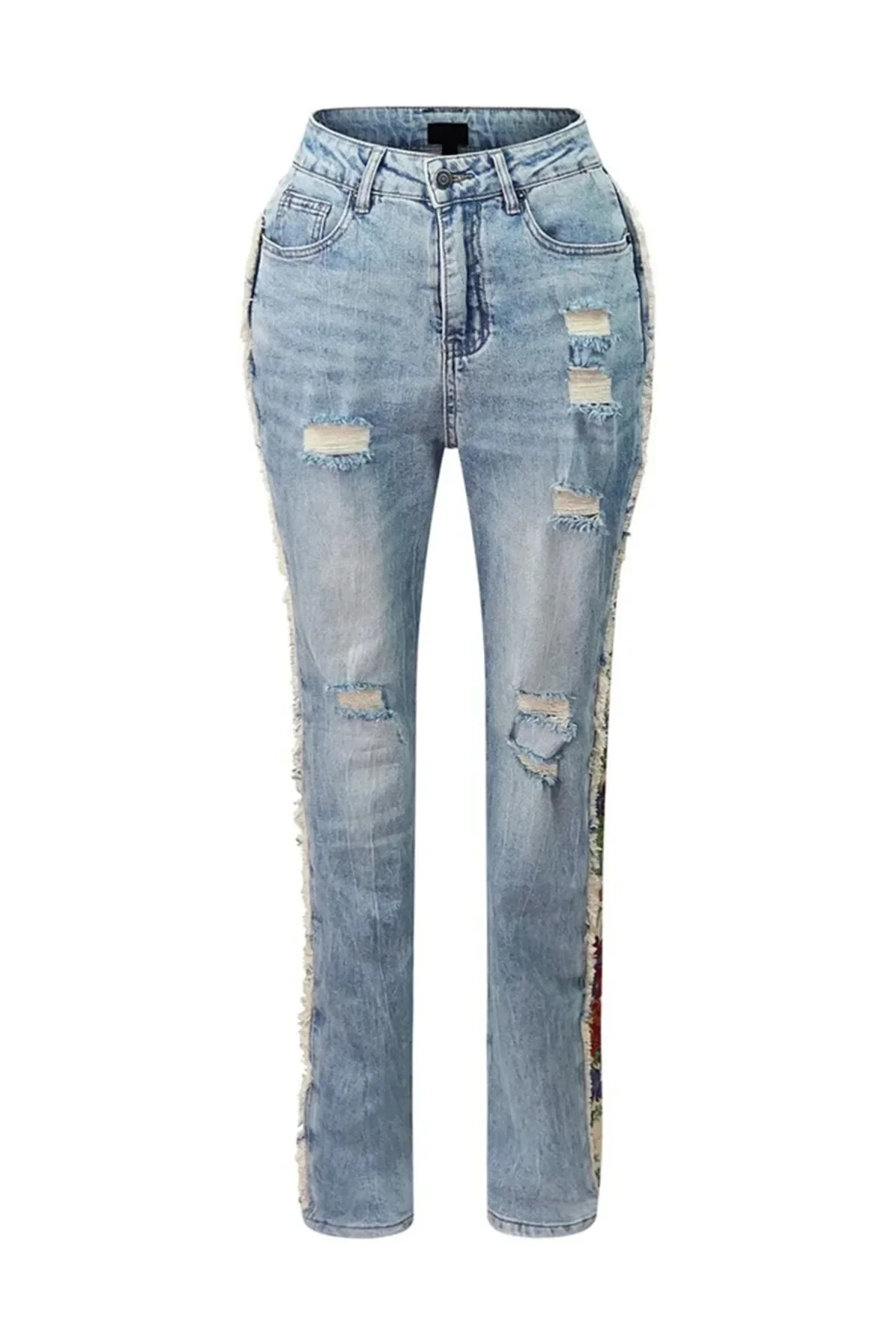 Denim Womens Set Floral Patchwork Full Sleeve Button Fly Jacket and Ripped Jeans Pants Suit 2024 Two 2 Piece Set Outfit 241028