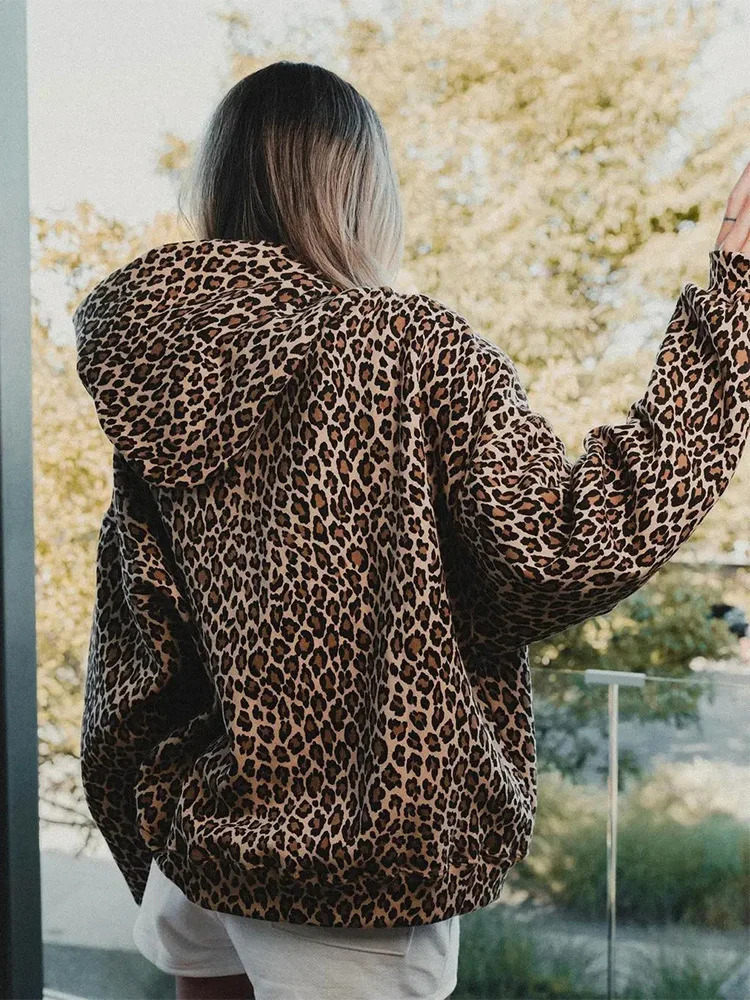 Traf women 2024 Leopard Print Hoodies Women Y2k Streetwear HipHop Harajuku Cheetah Print Hooded Sweatshirt Vintage Autumn Winter 241028