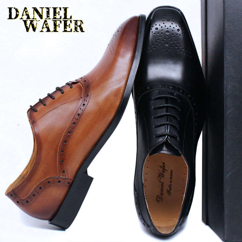 Mens Oxford Genuine Leather Black Brown Classic Brogue Lace Up Dress Wedding Office Business Men Formal Shoes