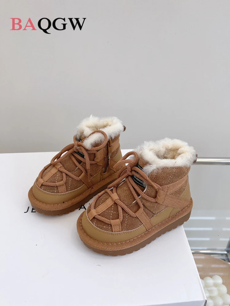 Winter Children Warm Snow Boots Genuine Leather Warm Plush Toddler Boys Shoes Non-slip Fashion Baby Girls Boots 1-6 Years 241028