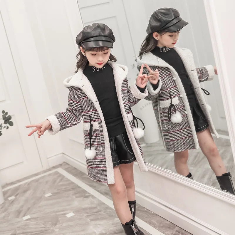 Fashion Autumn Winter parka Girl Hairy clothes Long Woolen Coat for Kids Outerwear Grid pattern Padded Warm clothing 241028