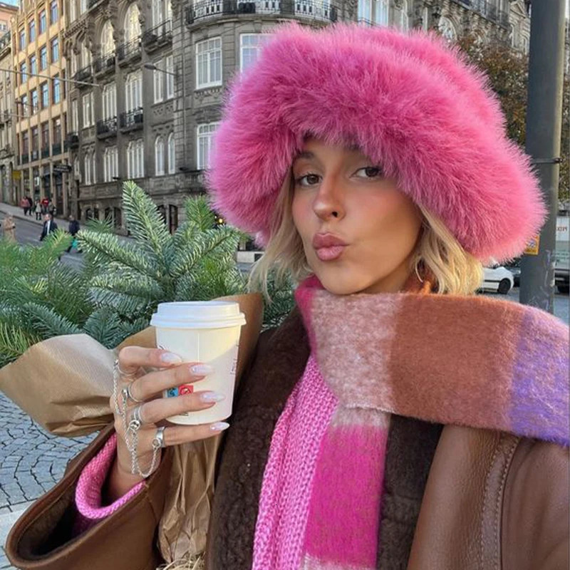 Harajuku Y2k Beanie Bucket Purple Womens Winter Hat Fluffy Fur Warm Artificial Fur Festival Party Fashion Girls Fashionable Autumn Clothing 241029