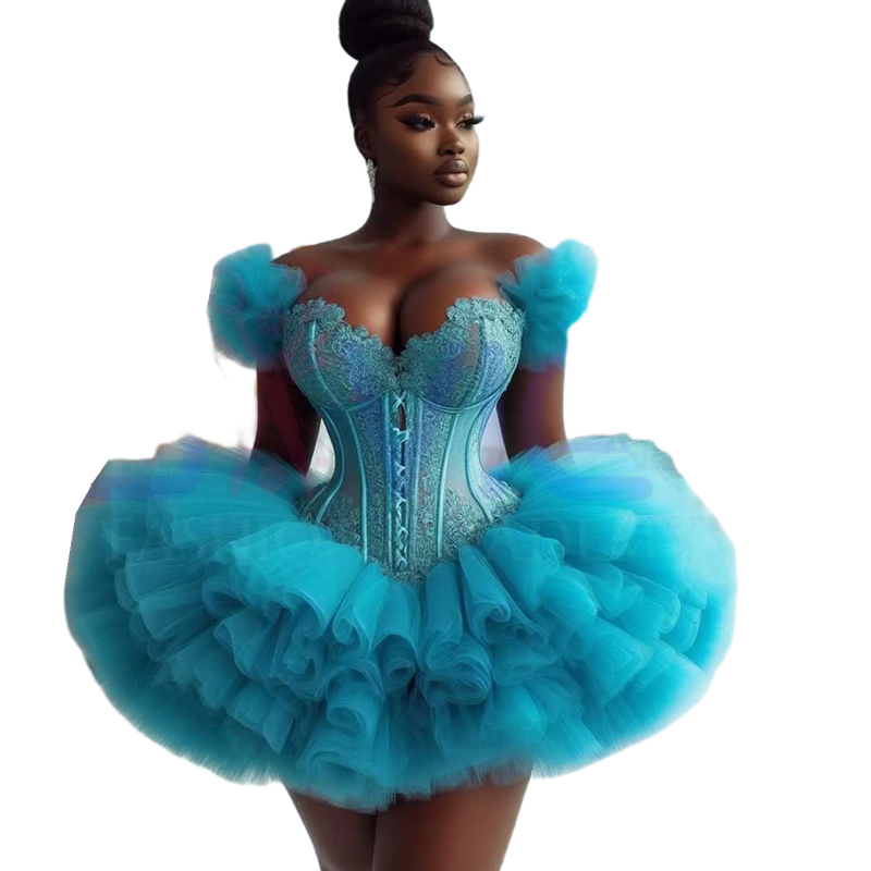 Lace Short Prom Dresses Off Shoulder Ruffles Tulle Mini Birthday Party Special Occasion Gown Corset Cocktail Dress