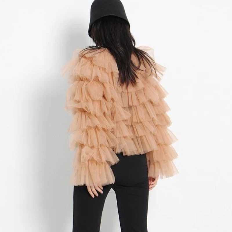 Women's Jackets Chic Perspective Mesh Stitching Ruffles Pleated Cake Shirts Long Flare Slve Gauze Lotus Multi-Layers Blouses Cardigan Tops Y24102
