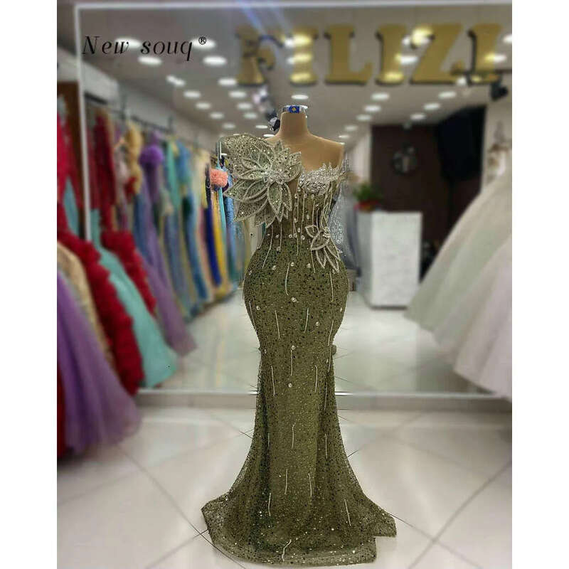 Army Green Glittering 3D Leaves Mermaid Evening Dresses Long Sleeveless Crystals Beaded Sequins Birthday Dance Party Gowns 0719