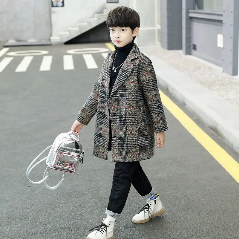 5-14T Boys Woolen Coat For Winter Fashion Plaid Turn Collar Thick Warm Woolen Jacket Gray/khaki High Quality 241028
