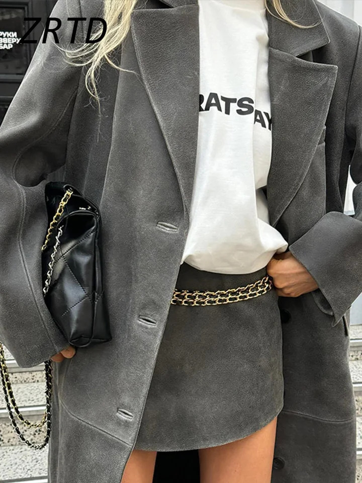 Solid leather coat for women on the street loose collar single chest full sleeve long coat autumn and winter womens chic trench coat 241025