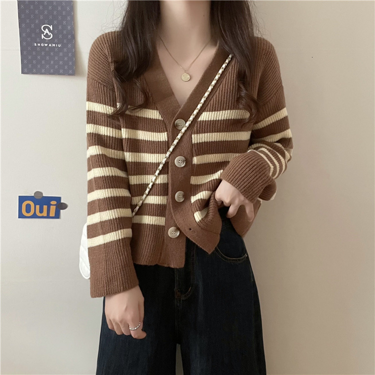 Korean Version Short Sweater Jacket Women S Autumn And Winter New College Style Ins Trendy Shoulder V Neck Contrasting Striped Knitted Cardigan F1029#