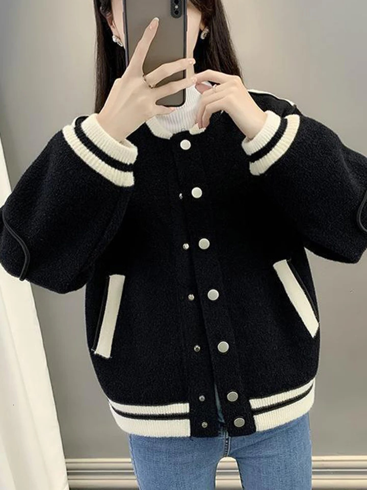 Autumn and Winter Womens Baseball Jacket Korean Loose Short Sleeve Jacket Womens Street Clothing Casual Jacket Womens 241029