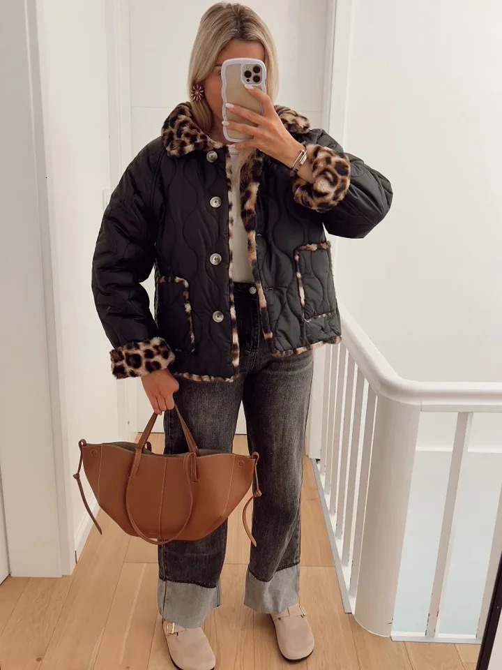 Fashion Leopard Print Reversible Quilted Jacket For Women Elegant Contrasting Lamb Wool Coats Lady Winter Street Outerwear 241028