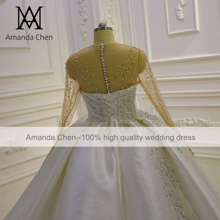 Trouwjurk Full Sleeve Lace Appliques Pearls Satin Ball Gown Wedding Dress 0228Lz