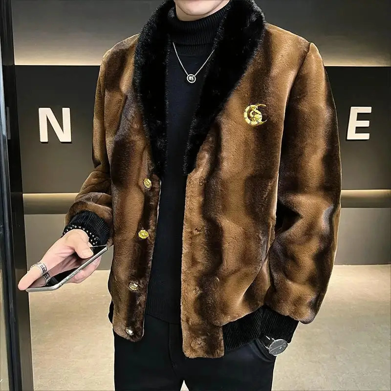 Winter mens high-quality faux fur coat mens mink ultra-thin V-neck fashionable coat casual plus size solid color warm coat 241028