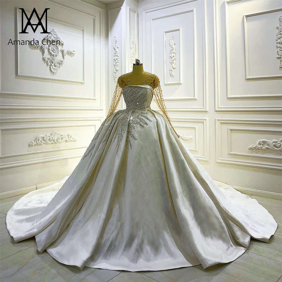 Trouwjurk Full Sleeve Lace Appliques Pearls Satin Ball Gown Wedding Dress 0228Lz