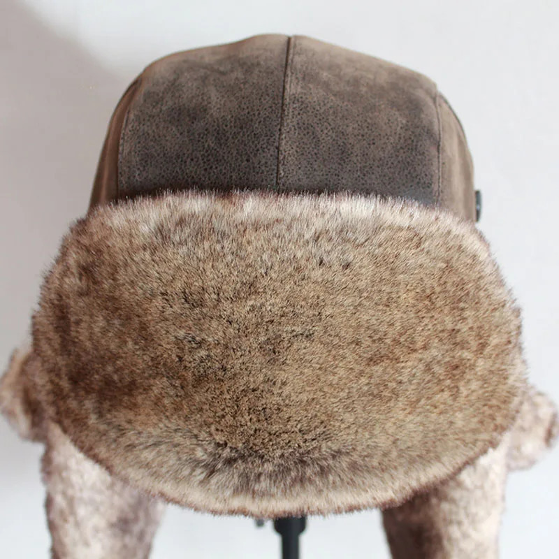 Bomber hat for winter men warm Russian Ushanka hat Pu leather trap hat with ear flaps female earmuffs 241028