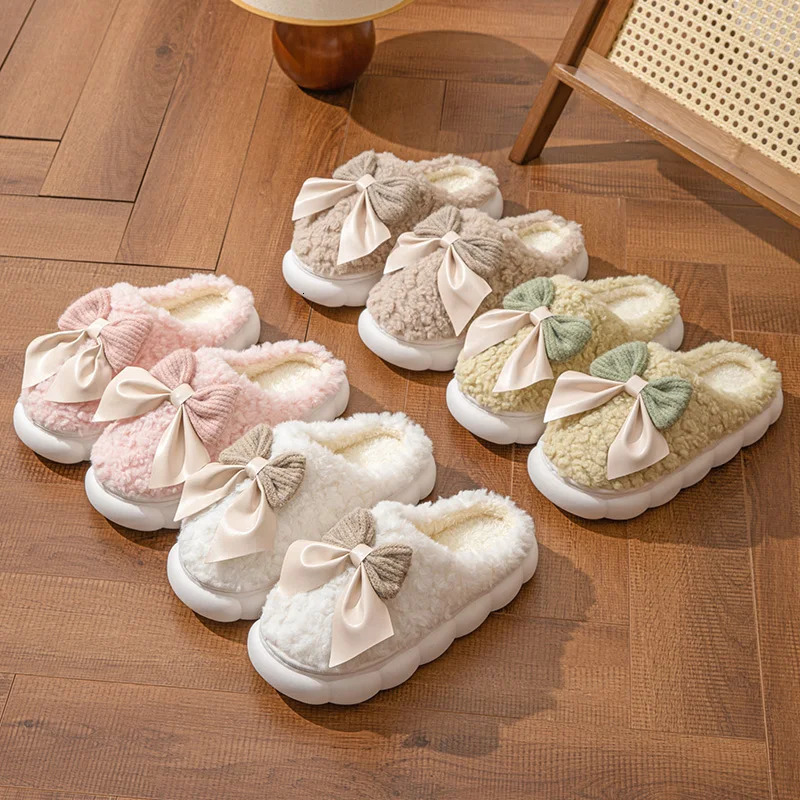 Winter Warm Fur Slippers for Women Cute bow House Non Slip Soft Shoes Comfort Flat Heel Home Indoor Bedroom Plush Slippers 241028