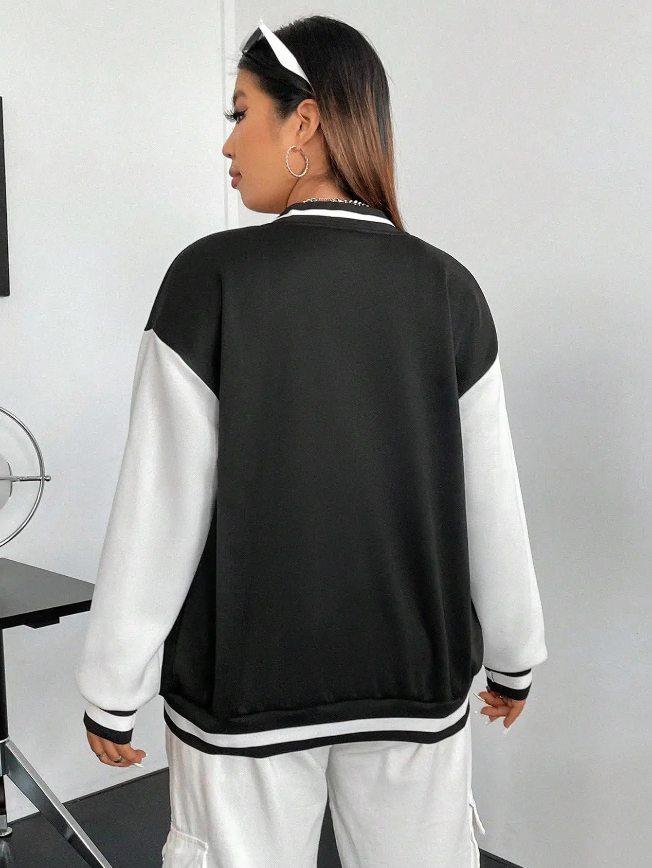 WDIRAA womens plus size letter patch stripe border zipper long sleeved colorful lock baseball bomber jacket 241029