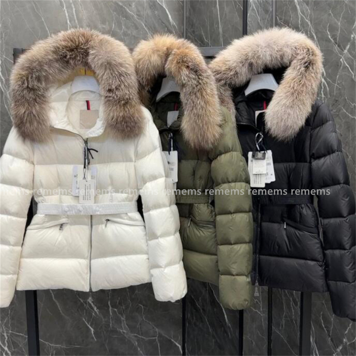 designer womens puffer jacket down jackets with genuine fur collar embroidered badge hooded coat warm winter jacket with belt womens designer clothing 01