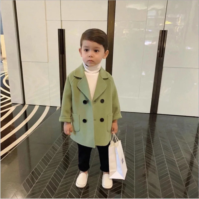 Baby Boy Girl Woolen Jacket Long Double Breasted Warm Infant Toddler Lapel Tweed Coat Spring Autumn Winter Baby Outwear Clothes 241028