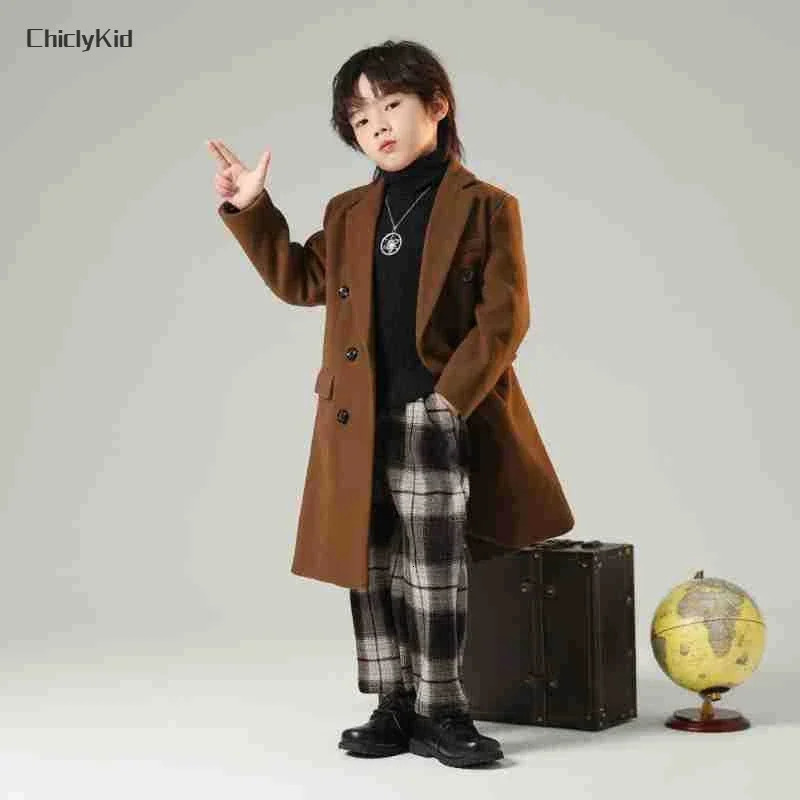 Boys Autumn Winter Solid Fashion Double-breasted Long Woolen Coat Kids Windbreaker Jacket Children Outerwear Thick Overcoat 241028