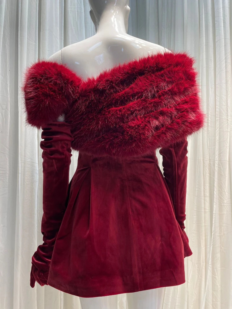 Year Party Red Velvet Dress Womens Autumn Winter Diamond Shoulder Detachable Fur Collar Christmas Dating Clothing 241028