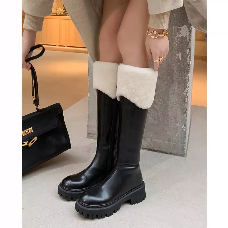Winter Furry Womens Platform Soled Brown Thigh-High Ankle New Outdoor Red Sole Square Skirt Boots Handmade Toe Business Men's Winter Boots
