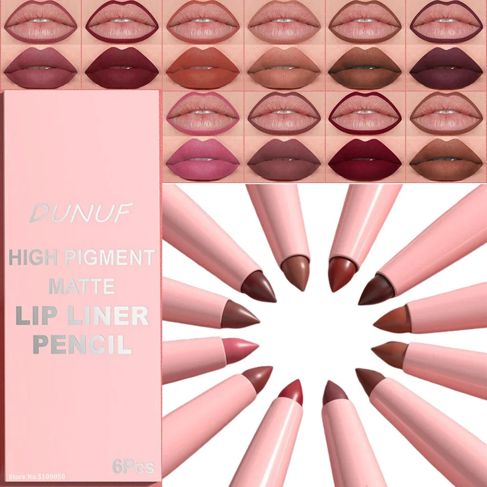 6PC Velvet Matte Lipstick Pen Nude Brown Lip Liner Pencil Kit Smooth Rose Red Pigment Waterproof Long Lasting Dye Cheek Lip Tint 241028
